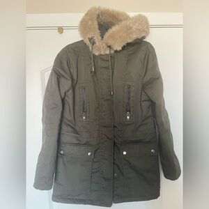 Zenana Outfitters Olive Utility Jacket with Faux Fur Hood